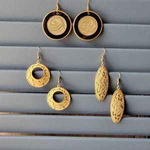 Three pair of gold dangle fashion earrings